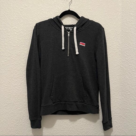 PINK Victoria's Secret Spell Out Logo Hoodie 1/4 Zip Pullover Gray Womens Sz M - Picture 2 of 11